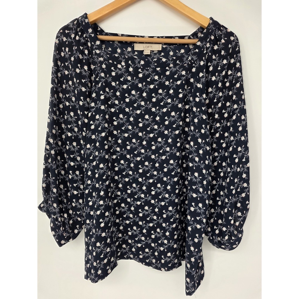 Vintage Y2K LOFT Blouse Size Medium Navy Pink Floral Square Neck Cottagecore